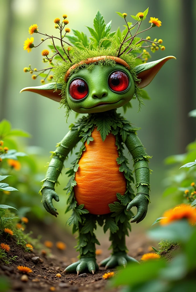 An imaginary creature with a body that appears to be made of different types of vegetables and fruits. Its shape is similar to that of a person, with limbs that resemble trunks of vegetables and fruits. The skin is a combination of vibrant colors, with textures ranging from smooth to rough, reminiscent of the appearance of different barks and leaves. The eyes are large and bright, like two spheres of ripe fruit. Hair, rather than being made of strands, is a mixture of leaves and twigs that gently move in the wind. This creature has an aura of vitality and freshness, as if it were an embodiment of nature in human form, highly detailed, very realistic, well drawn, 4k.