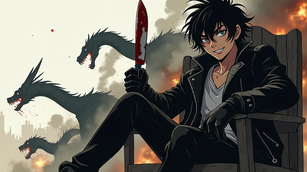 ((illustration)), (best quality)), ((masterpiece)), (detailed), ager, 1male, black hair, jacket, black gloves, coat, sunglasses, leather, solo, anime, city, night, flat color, demons, snakes, monsters, chair, holding knife, glowing eyes, smoke, bloody, blood on clothes, blood on face, crazy smile, war, chaos, cinematic, epic, comic, fire, explosion,