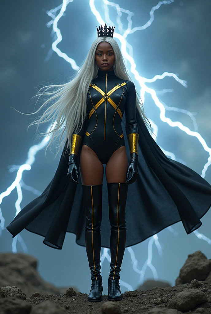 Black american girl, long white hair, beautiful, huge breasts, small black crown, black leotard, gloves and boots, black cape, yellow and silver lines, x symbol, controling lightning