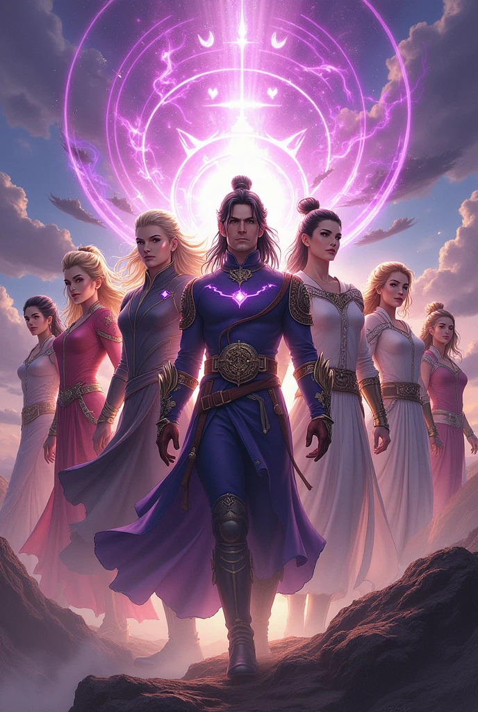 Make me a picture in the style.manhwa about 7 chosen by god, that each one is from a different god, They are all handsome and hot and have powers, They all have arrogant styles and bad-looking faces, There are also women and they all have different styles.