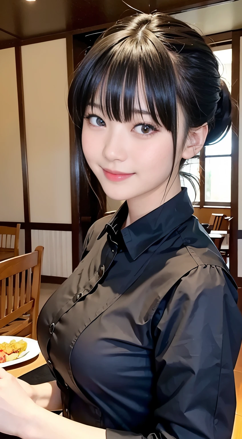(Highest quality,masterpiece:1.3,Ultra-high resolution,),(Very detailed,Caustics),(Realistic:1.4,RAW shooting,)Ultra-Realistic Capture,Very detailed,High resolution 16K human skin closeup。 Natural skin texture、,pores、、、、It must be detailed enough to be easily identifiable。 Skin tone is even and healthy looking。 Use natural light and color,restaurant,Waitress Uniform,1 person,Japanese,18-year-old,cute,Black-haired,ponytail,Big Breasts,smile,Turn your body forward,(Front view:1.1),Looking into the camera,Cowboy Shot,