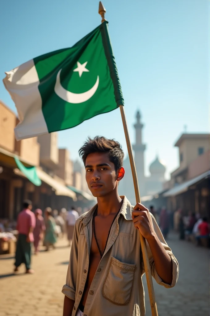 A poor young man with a flag of Pakistan in his hand Draw Image