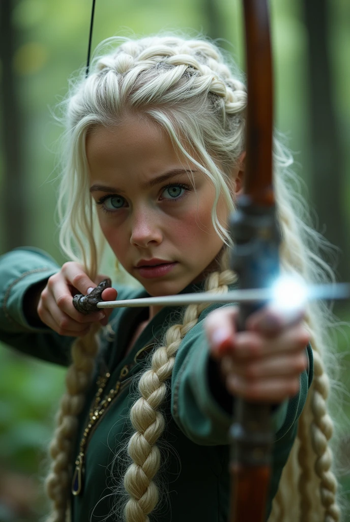 Super realistic, wide shot, 1 Elven  girl, Elven Archer, solo, upper body, Single Long braided Platinum Blonde hair, parted bangs, forehead, blue eye, Holding a mystical bow, setting an arrow and pulling the string towards the viewer. An expression of anger against those who destroy sacred groves. Adds a mysterious light particle effect to the tip of the arrow.Accurate depiction of the bowstring. Mysterious forest, sunlight scattering, bokeh effect, depth of field, hyper Realistic, Professional photography, Cinema Lighting