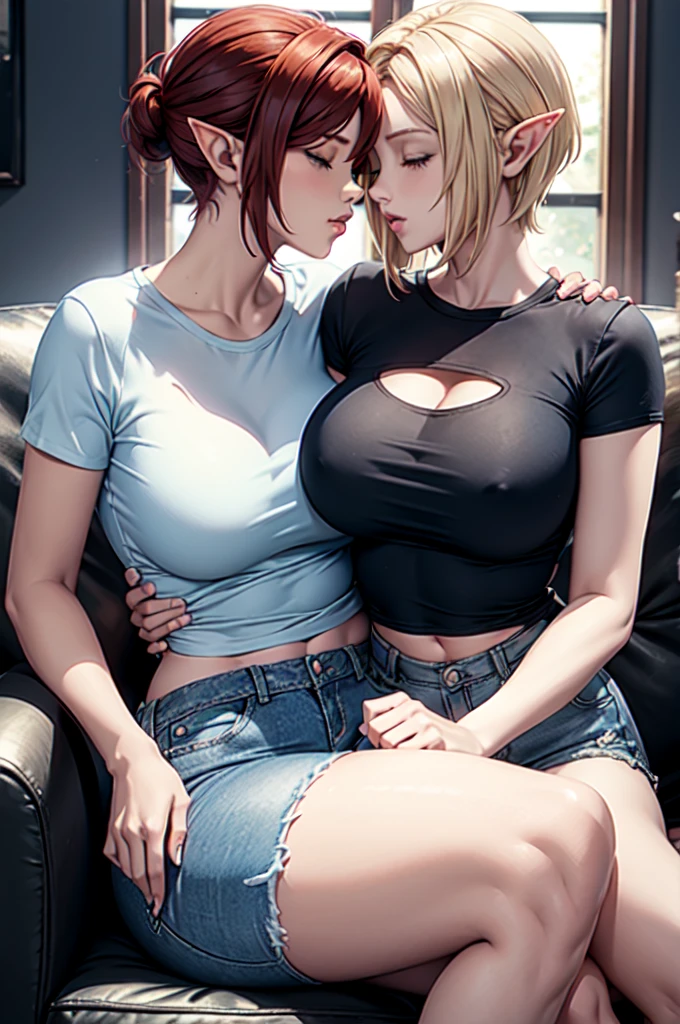 two female elves, one with short red hair, curvy build, white tight tee shirt, blue denim shorts, black heels, other elf with short blonde hair, slim build, white tight tee shirt, blue denim shorts, black heels, cuddling close on sofa, kissing, one sitting on others lap with legs wrapped around their waist, both eyes closed