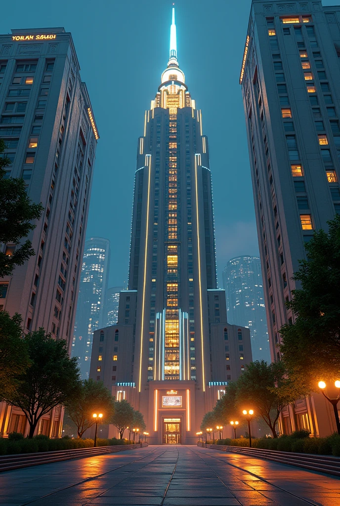 capital building, city hall, city centre, 5 stories 
tall, short,  multiple buildings, birdseye view ,art deco design，streamline moderne，futuristic architecture, Abstraction，modern style，Luxury and Luxury，Future night view，Futuristic decorative elements，Metallic，number line，sci-fi lamp，Virtual Engine，Unreal rendering, neon lights, greenery,
