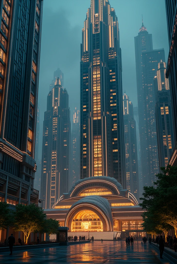 capital building, city hall, city centre, 5 stories
tall, short, multiple buildings, birdseye view ,art deco design,streamline moderne,futuristic architecture, Abstraction,modern style,Luxury and Luxury,Future night view,Futuristic decorative elements,Metallic,number line,sci-fi lamp,Virtual Engine,Unreal rendering, neon lights, greenery,