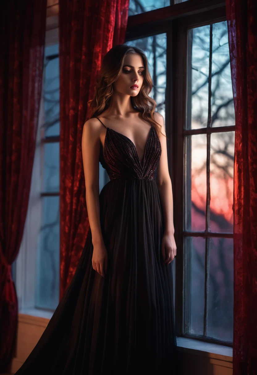 closeup shot, woman in a dress standing in front of a window, romanticism, in evening gown, flowing gown, wearing a flowing dress, mysterious woman, haunting beautiful young woman, wearing a black flowing dress, flowing dress, woman in dress, extremely moody red lighting,