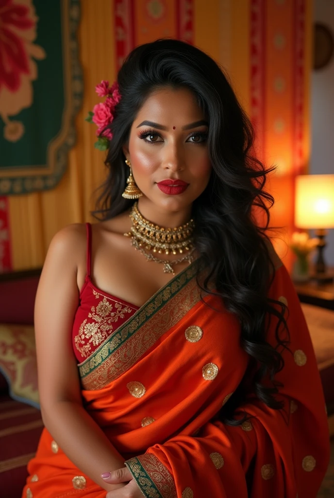 wolf cut hairstyle erotic hindu wife super big fake lips red lipstick super delicious body saree bra cleavage chubby body super lower saree