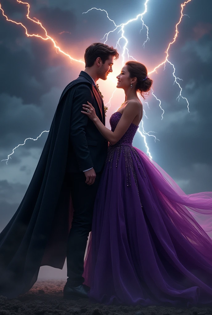 A young man dressed in black with a black cape catches a spear of light that was aimed at the face of his girlfriend dressed in dark purple