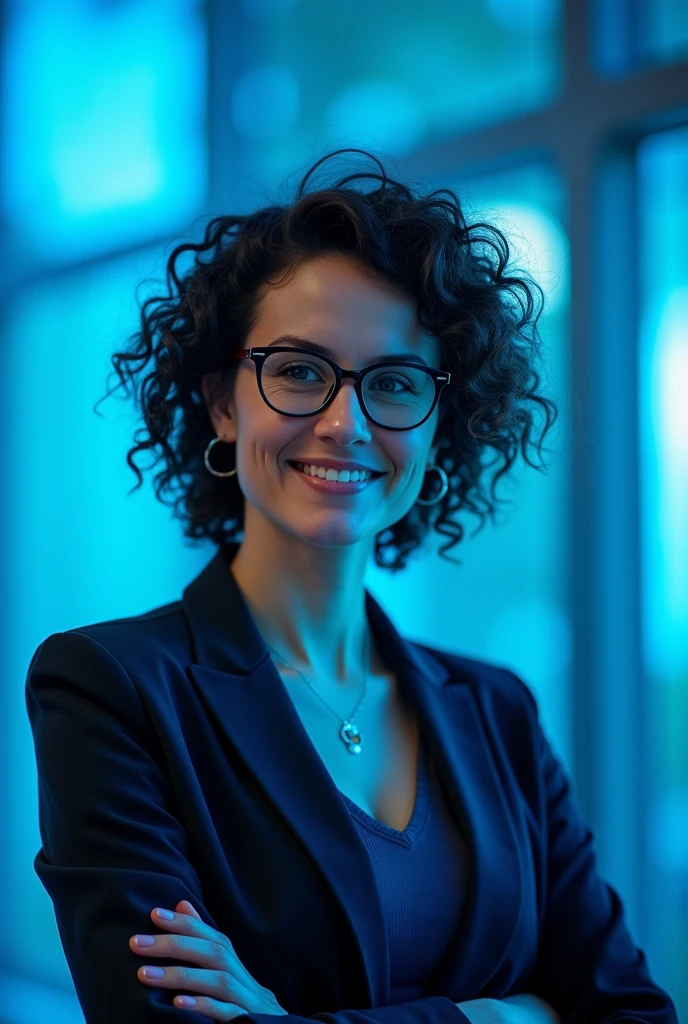 Make a picture of Montserrat Guibernau a Research Fellow at the Centre for Research in Ethnic Relations, University of Warwick. In a blue theme make her her more sassy a put her near the picture and add a glasses
