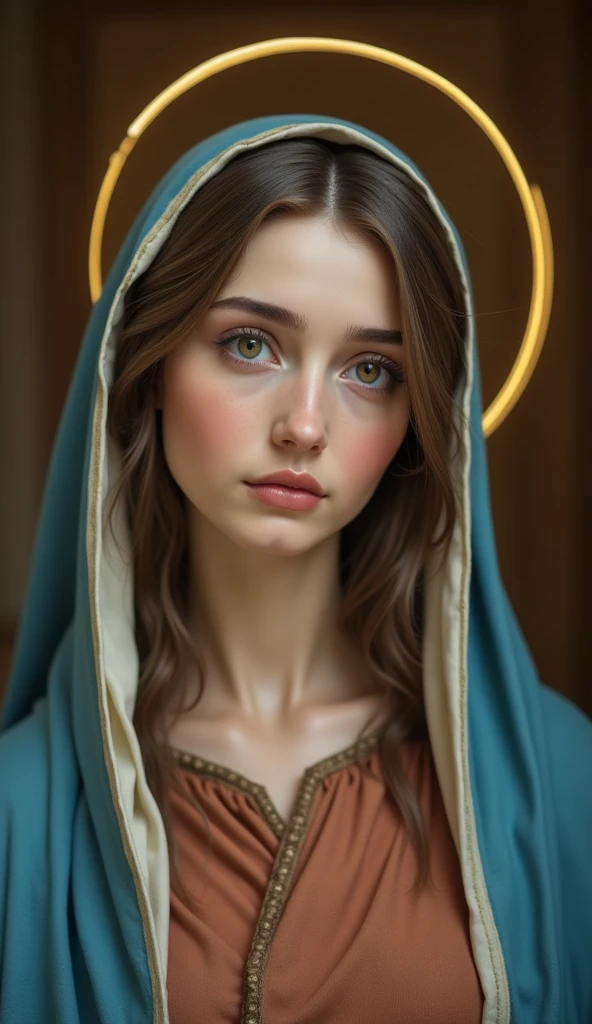 Beautiful Virgin Mary looking at the camera、Has moist eyes, (whole body:1.2), Wearing a reddish-beige tunic with a blue cloak and veil , Daytime, indoor, Halo