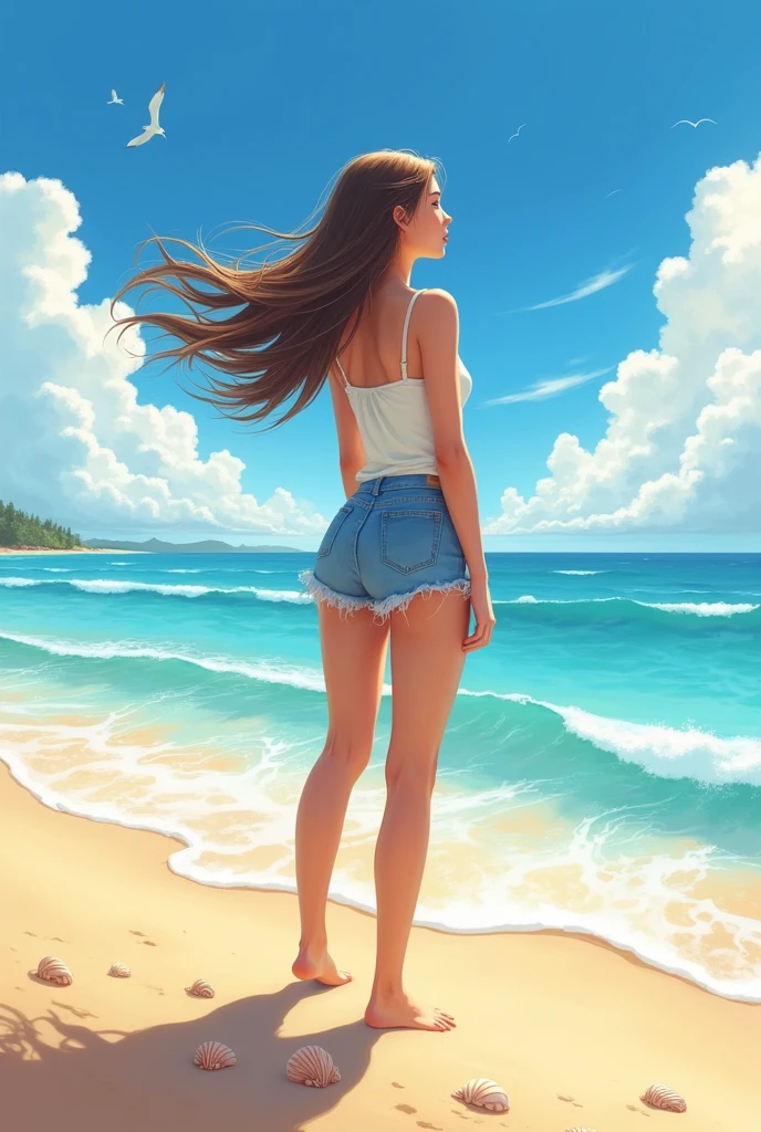 Young girl on a nudist beach, under the palm trees, no bikini, z przodu