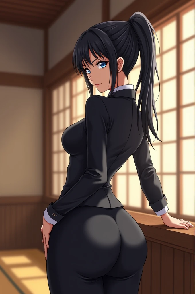 Anime Japanese woman, black hair, ponytail, blue eyes, butler uniform, black pants, Japanese style room, big breasts, big butt, hands on wall, Protruding buttocks