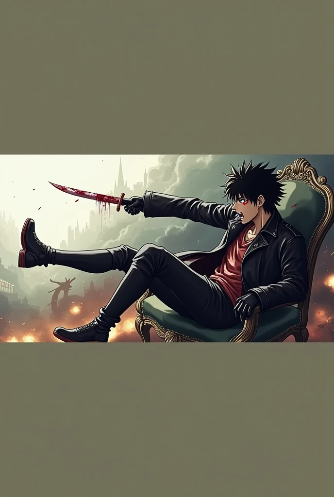 ((illustration)), (best quality)), ((masterpiece)), (detailed), teenager, 1male, black hair, jacket, black gloves, coat, sunglasses, leather, solo, anime, city, night, flat color, demons, snakes, monsters, chair, holding knife, glowing eyes, smoke, bloody, blood on clothes, blood on face, crazy smile, war, chaos, cinematic, epic, anime, fire, explosion,