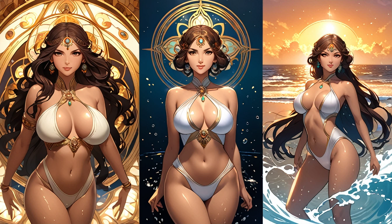 ((40k)),((Ultra Realistic))((Photo Realistic)),((HDR)),((Intricately Detailed Portrait)), ((High Quality)) ((Unreal Engine 5))((Natural Lighting))((Golden  Ratio))

(( INDIAN WOMAN)). . Slender hourglass Body. Massive Boobs and Breast. Deep cleavage. Orgasmic Face. Sharp Jawline. Enchanting Eyes. Supple Lips . Makeup. Perfectly Toned Body, Brunette. Sophisticated Hairstyles. Wet Body. Gracious Looks . Cute Smile. 

Biomechanical Swimsuit

Nonchalantly Posing. Dynamic Views. Dynamic Angles. Dynamic poses. Glaring at Camera. Accentuated Curves. Arched Pose. Sophisticated Hairstyles. Bokeh. 

. . Orgasmic Face. Pleasurable Face. Ultra Wide Angle Lens 

Glowing energy by alphonse mucha 
Sophisticated Diablo Art 
Brightly Illuminated 
Beautiful Mechanical Beach side Landscape