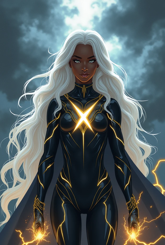 Black american girl, long white hair, white eyes, beautiful, huge breasts, black leotard, gloves and boots, black cape, yellow and silver lines, x symbol, controling lightning