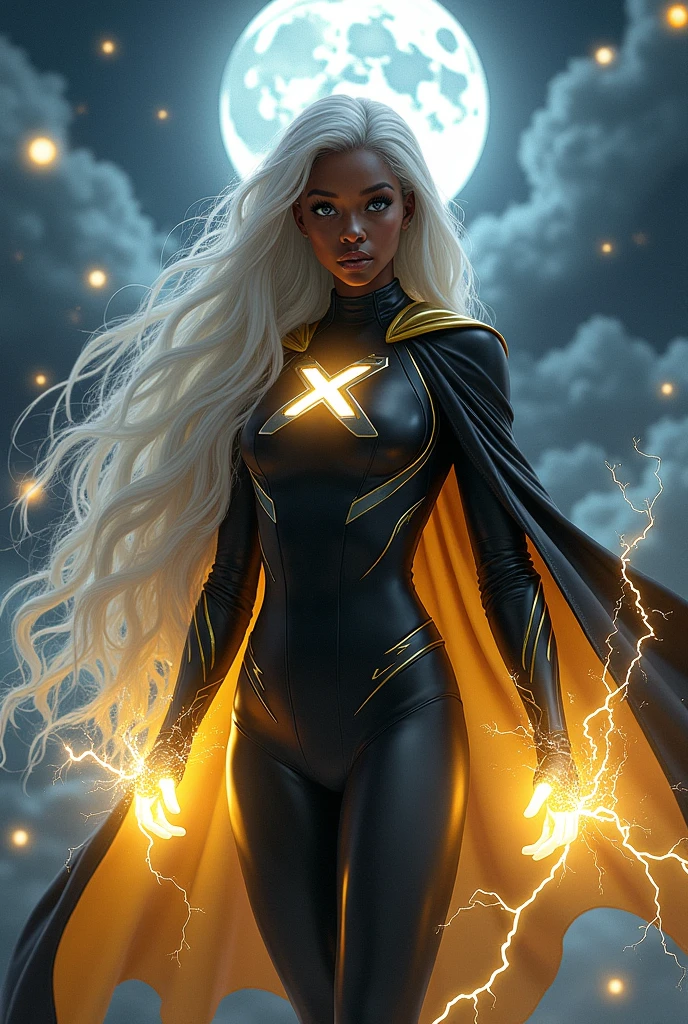 Black american girl, long white hair, white eyes, beautiful, huge breasts, black leotard, gloves and boots, black cape, yellow and silver lines, x symbol, controling lightning