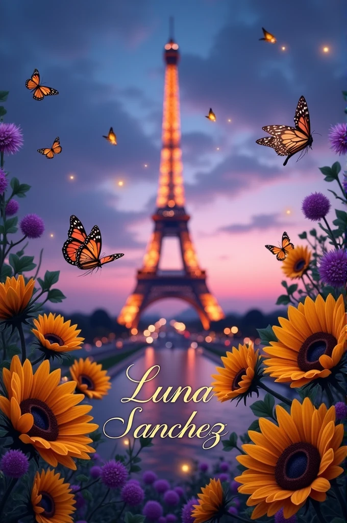 You can create a photo of the Eiffel Tower with the name Luna Sánchez that has purple butterflies and a reference to sunflowers