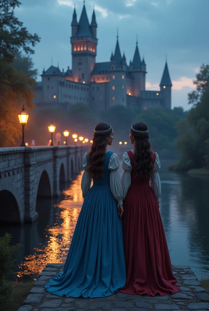 photorealism:1.2), medieval twins women in a bridge over a river connected to a castle