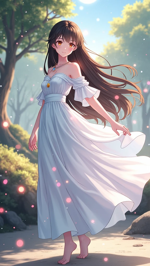 (masterpiece、Highest quality、8k、High resolution)、One female、(Beautiful Face、Beautiful Face)、Beautiful eyes、Beautiful lips、Beautiful nose、Brown-black hair、(The best girl in anime)、Sandy beach with a view of the forest、A bright night with stars visible、full moon、milky way、体whole bodyから神秘的な光の粒子、Colorful light particles、A mysterious light glowing around the head、melt、jewelry、necklace、dress、(whole body)、Highly detailed anime art、A complete portrayal、