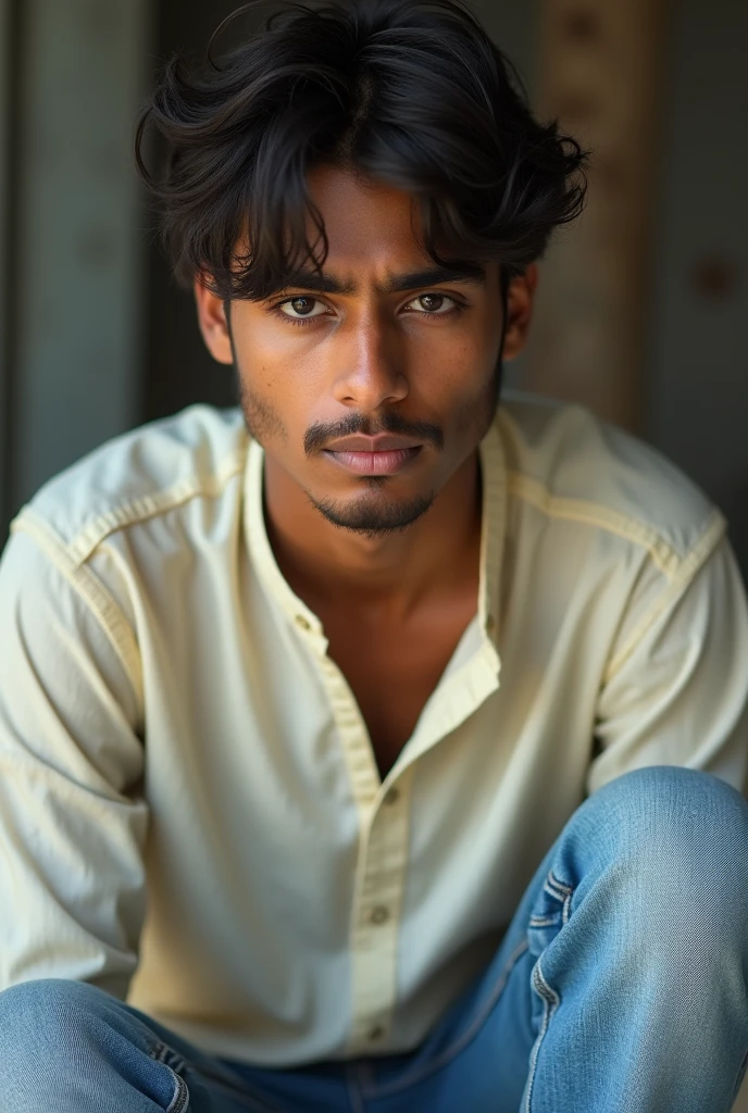 A young Indian male, likely between 18 and 22 years old, with angry face, looking at camera, dressed in casual college attire, possibly a plain white or light-colored kurta paired with worn jeans, sitting or standing in a simple, uncluttered background, with a subtle, warm smile that conveys a sense of approachability, his dark brown eyes cast downward, with a slight squint, as if lost in thought, his hair messy and unkempt, with a few stray strands falling across his forehead, his skin tone a warm, golden brown, with a slight scattering of light acne on his cheekbones, his nose slightly upturned, and his eyebrows thick and expressive, conveying a sense of innocence and freshness.