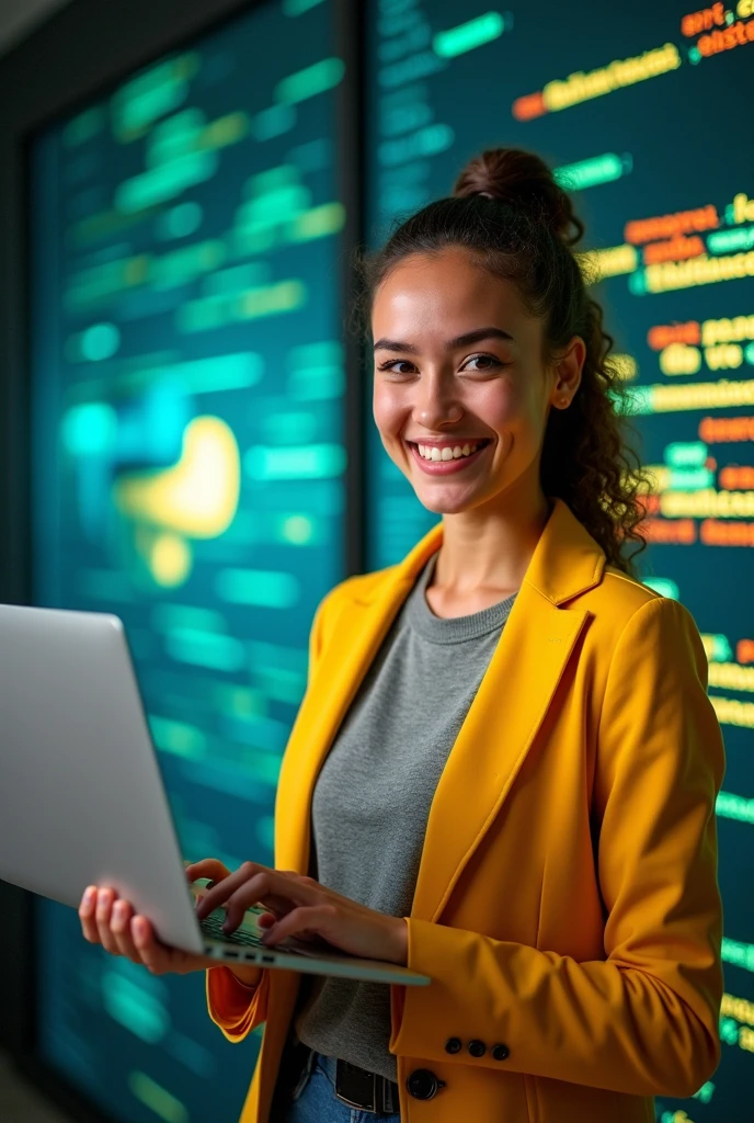 A dynamic promotional image for a Python programming course introduction. The image should be vibrant, with the text '¿Quieres mejorar tu carrera?' prominently displayed. It should feature a young professional holding a laptop, with abstract coding elements and the Python logo subtly integrated into the background. The overall vibe should be modern, motivating, and tech-savvy, using bright and energetic colors.