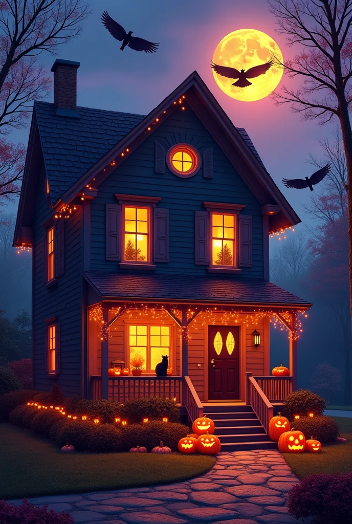 Draw a house decorated for Halloween and inside the house is warmer with black crows flying in the sky and a black cat