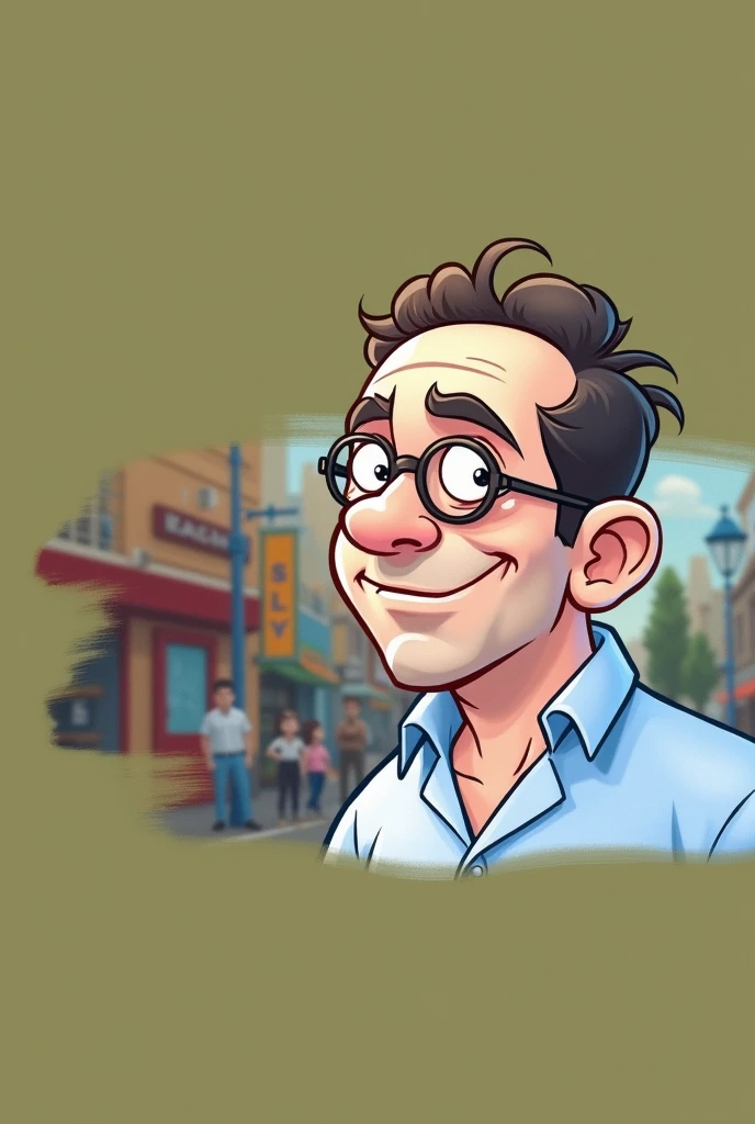Cartoon character of a man blue shirt, 45 years old adult, an animated character, stylized character, animation style rendering, 3d stylized, The posture is erect and full of confidence, with the chest slightly puffed out