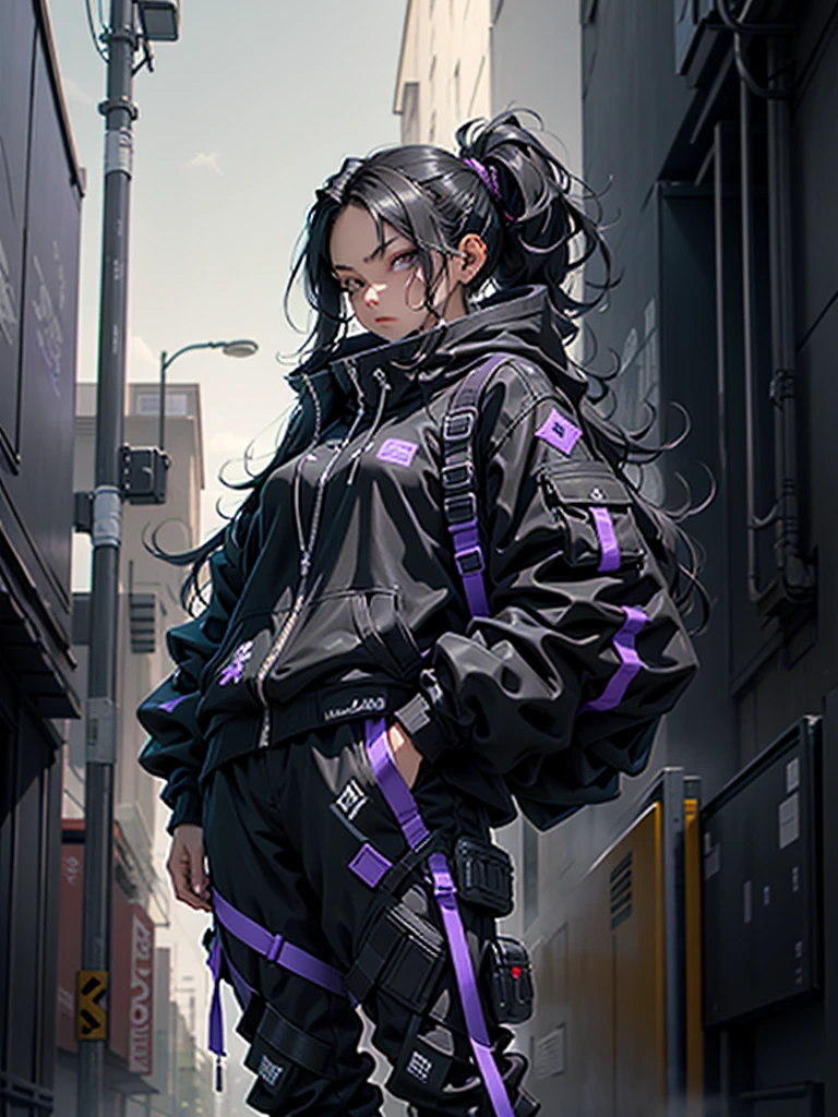 1woman, long stright black hair, purple eyes, wearing black urban techwear