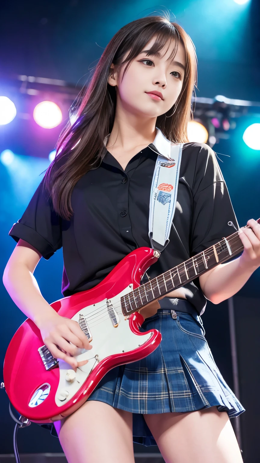 (Beautiful girl playing electric guitar on stage at school festival)、Outdoor Live、(Highest quality、8k、RAW Photos)、(Real:1.2)、(Japan 20 year old beauties:1.2、Idol&#39;s face:1.3)、(Stand with your feet apart:1.2、I can see your underwear:1.5)、(Thin thighs、Knee-high)、((Cute tank top and mini skirt:1.2))、(Beautiful breasts:1.2、The Enchanted Valley:1.3)、Short Pigtails、((Detailed eyes and face:1.2、Professional photography techniques))、(Fine hand)、babymetal、Black costume、Belly button、(((Transparent costume)))、Crystal clear costume