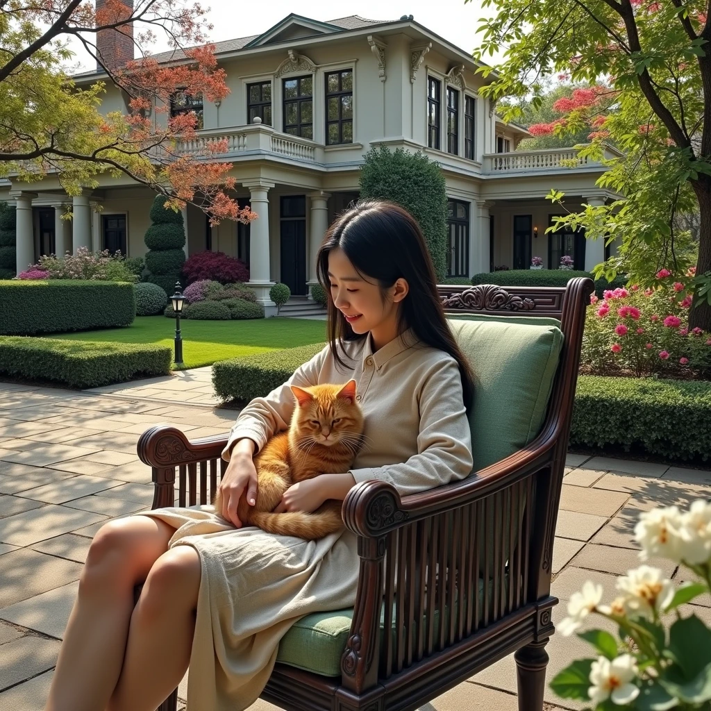 A beautiful Chinese girl is sitting on a chair in the front garden of her luxurious house. Accompanied by an orange Angora cat