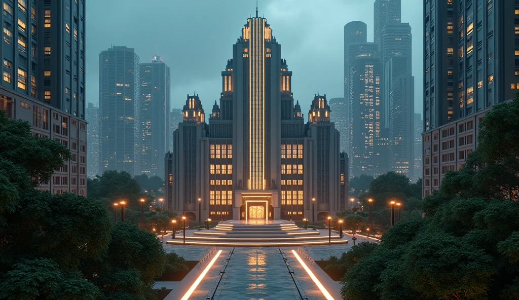 capital building, city hall, city centre, 5 stories
tall, short, multiple buildings, birdseye view ,art deco design,streamline moderne,futuristic architecture, Abstraction,modern style,Luxury and Luxury,Future night view,Futuristic decorative elements,Metallic,number line,sci-fi lamp,Virtual Engine,Unreal rendering, neon lights, greenery,