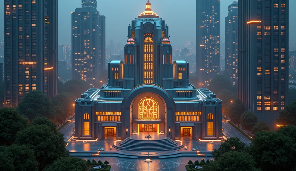 capital building, city hall, city centre, 5 stories
tall, short, multiple buildings, birdseye view ,art deco design,streamline moderne,futuristic architecture, Abstraction,modern style,Luxury and Luxury,Future night view,Futuristic decorative elements,Metallic,number line,sci-fi lamp,Virtual Engine,Unreal rendering, neon lights, greenery,