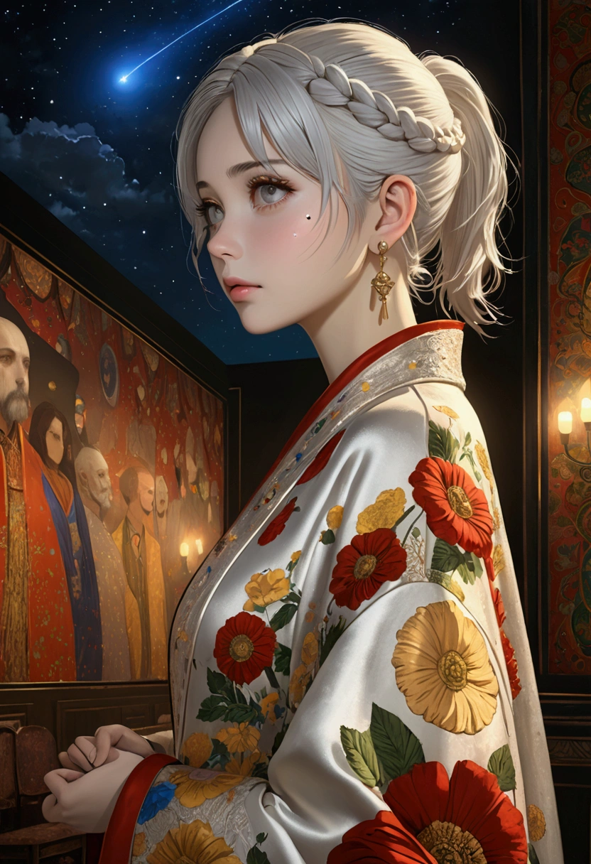 (best quality, masterpiece:1.2), Ultra-high resolution, Practical, forward lighting, Intricate details, Exquisite details and textures, Beautiful night sky, (Stars), Meteor Showers, Beyond the clouds,Wide Angle, Stunning clouds, 1 Girl, Solitary ,(young), Facial highlights, Upper Body, Delicate face, Tear mole, White skin, Silver Hair, Ponytail, Braided hair, Looking at the audience, big eyes, silk robe, (Hollow pattern, White, silk), earrings, Small Breasts, slim, VIP room, Professional lighting, Photon Mapping, Radiosity, Physically Based Rendering,((Inspired by: James Ensor)),