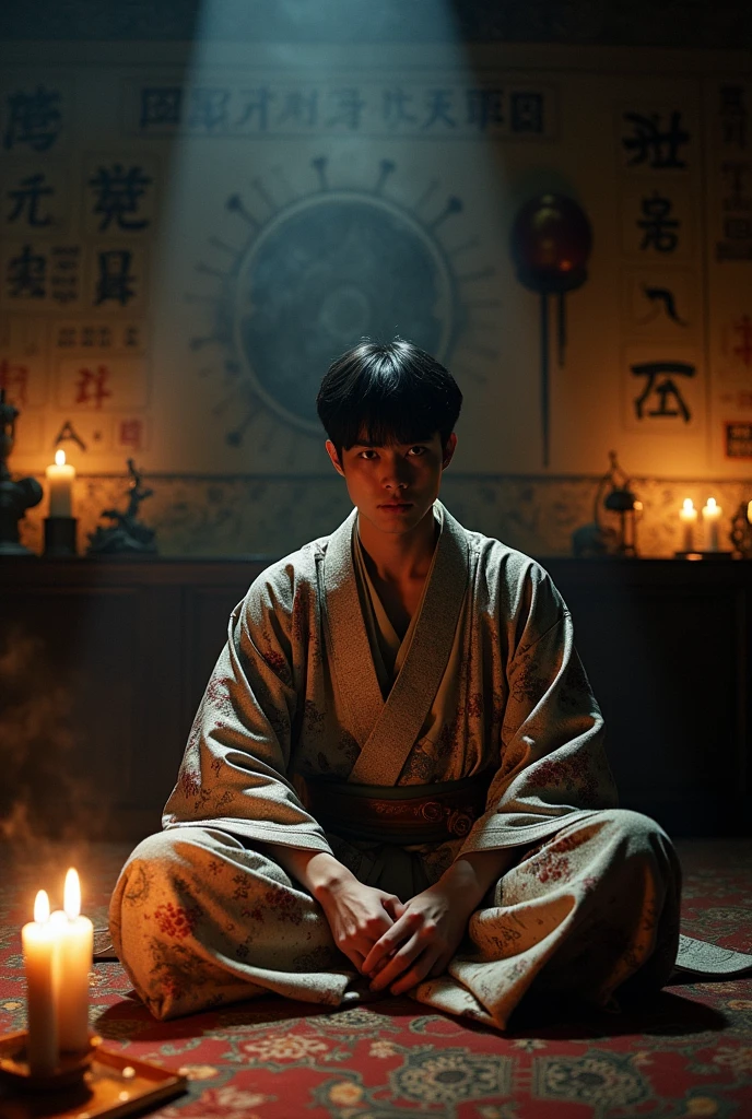 29-year-old Japanese male Short black hair kimono fortune teller Dark atmosphere Iwata Takanori style