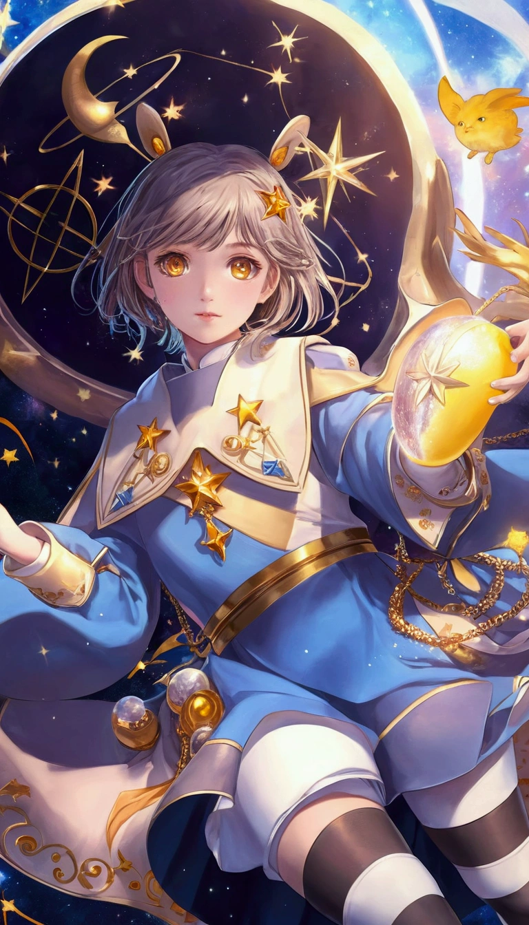 girl in a blue dress holding a yellow object, beautiful celestial mage, portrait, orange eyes, astral fairy, wearing star filled mage robes, cardcaptor sakura, detailed,, astral witch clothes, highly detailed ,, masterpiece, best quality, ultra realistic,