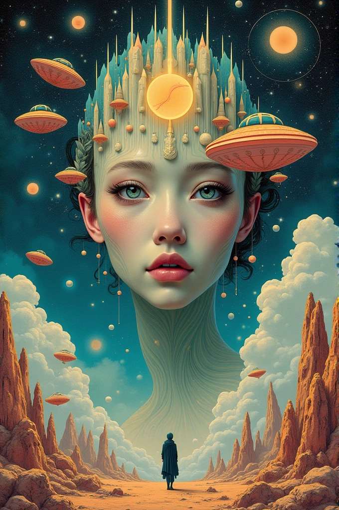 ((best quality)), ((masterpiece)), (detailed), perfect face, surreal, art nouveau, in the illustrative style of moebius, spaceships, aliens, fantasy, sci-fi,
