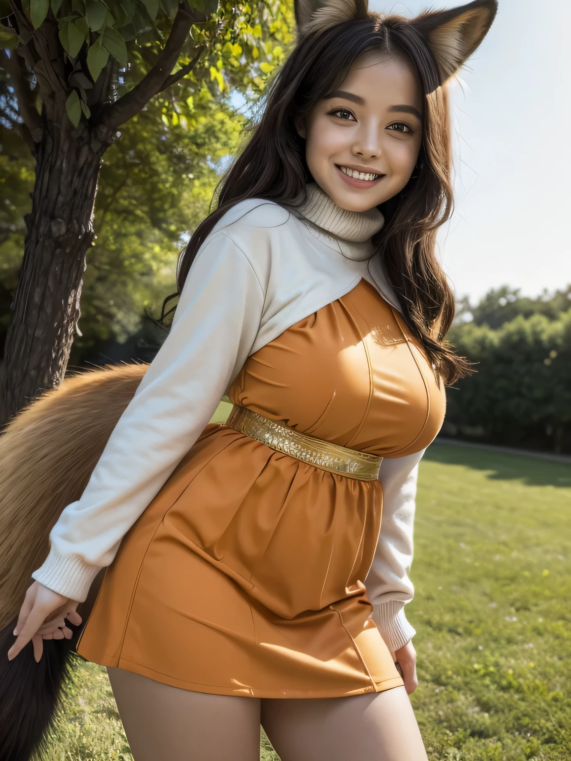 ((Highest quality, 8k)), ((masterpiece)), (Highest Resolution), Perfect Face, Fox Woman, Female college student, Beautiful woman, Outdoor, Only one tail, she has thick thighs, Her large tail, She has an orange fox tail, She wags her tail, Smiling with teeth showing, Fur collar, She is wearing a dress, Plump Breasts, Beautiful Hips , A fox tail sticks out from the skirt.