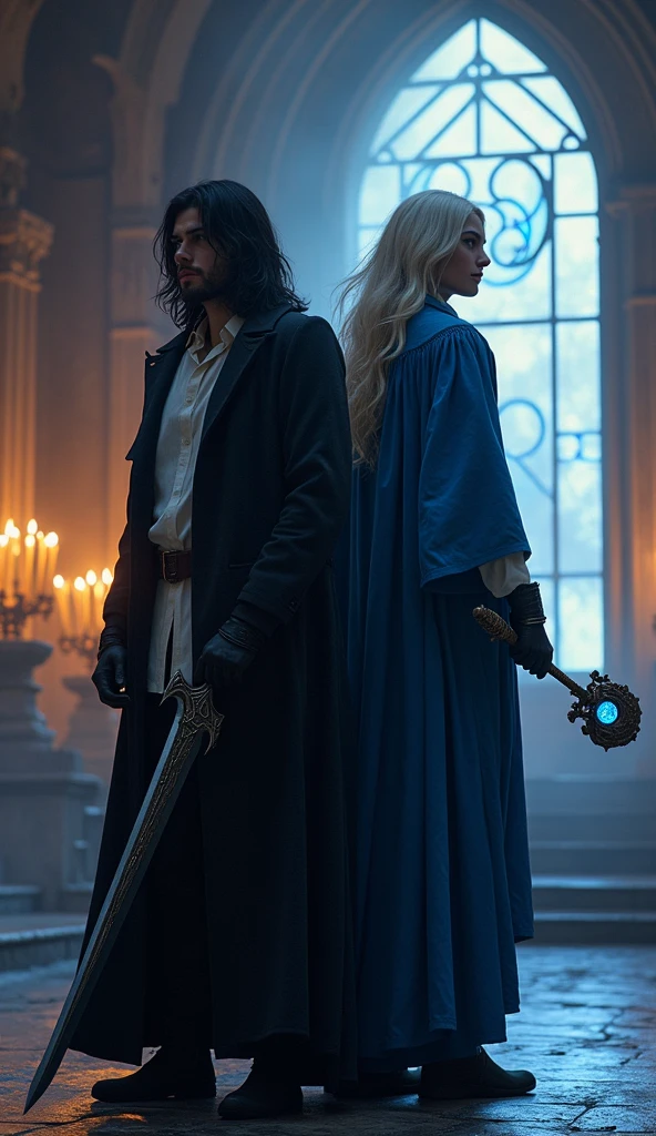 In the throne room, Vortex stands alongside the powerful mage Mirage as they receive their mission. Vortex, dressed in a black coat over a white shirt, holds his dark sword with the blade facing upward, the edge glinting faintly in the dim light. His long black hair frames his face, which shows determination. Beside him, Mirage, a male mage with platinum blonde hair, stands in a flowing blue robe, holding an ancient staff glowing with a blue aura. The scene is charged with the gravity of the task ahead, as both Vortex and Mirage prepare for the challenges they will face together.