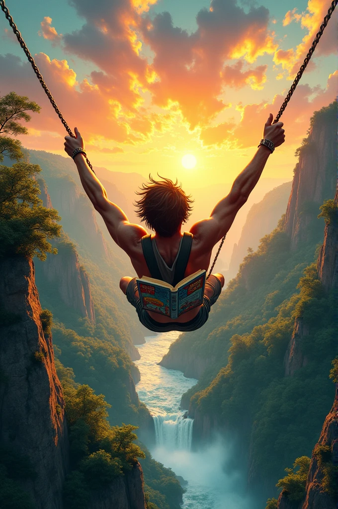Man reading comics while bungee jumping