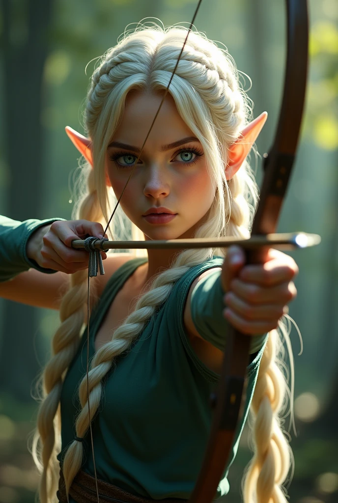 Super realistic, wide shot, 1 Elven teenage girl, Elven Archer, solo, upper body, Single Long braided Platinum Blonde hair, parted bangs, forehead, blue eye, Holding a mystical bow, setting an arrow and pulling the string towards the viewer. An expression of anger against those who destroy sacred groves. Adds a mysterious light particle effect to the tip of the arrow.Accurate depiction of the bowstring. Mysterious forest, sunlight scattering, bokeh effect, depth of field, hyper Realistic, Professional photography, Cinema Lighting