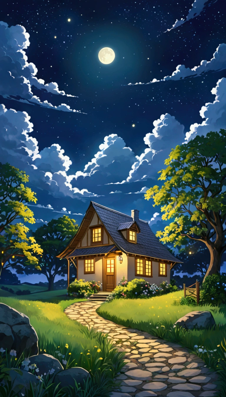 Create a serene nighttime scene that blends the tranquility of nature with the warmth of a cozy rural dwelling. The sky should be a deep, rich blue, filled with glowing clouds and scattered stars. A bright full moon is positioned near the center, casting a soft bluish-white glow across the scene. Below, a winding dirt path, made of uneven stones, leads toward a small stone house nestled in lush greenery. The path is illuminated by warm, golden lights, contrasting with the cool tones of the sky. To the left, a large tree with dark green leaves stretches upward, partially obscuring the sky. The stone house has a lit window that emits a warm yellow light, surrounded by a slightly weathered wooden fence. The overall atmosphere should feel peaceful, magical, and balanced, with the cool blues of the night sky harmonizing with the warm yellows and greens of the earth.
