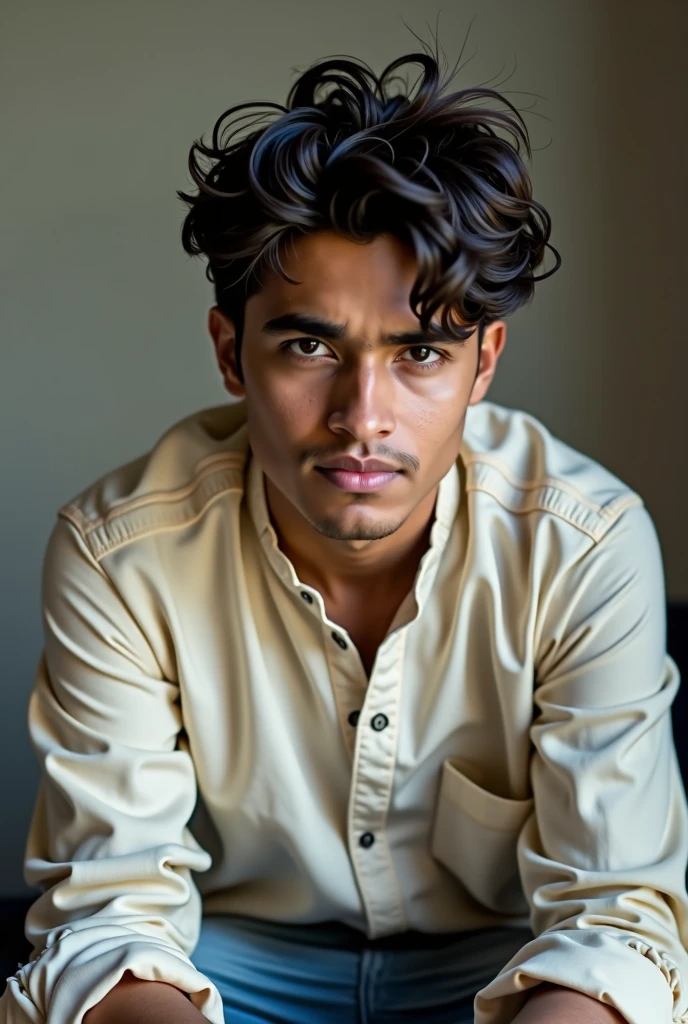 A young Indian male, likely between 18 and 22 years old, with angry face, looking at camera, dressed in casual college attire, possibly a plain white or light-colored kurta paired with worn jeans, sitting or standing in a simple, uncluttered background, with a subtle, warm smile that conveys a sense of approachability, his dark brown eyes cast downward, with a slight squint, as if lost in thought, his hair messy and unkempt, with a few stray strands falling across his forehead, his skin tone a warm, golden brown, with a slight scattering of light acne on his cheekbones, his nose slightly upturned, and his eyebrows thick and expressive, conveying a sense of innocence and freshness.