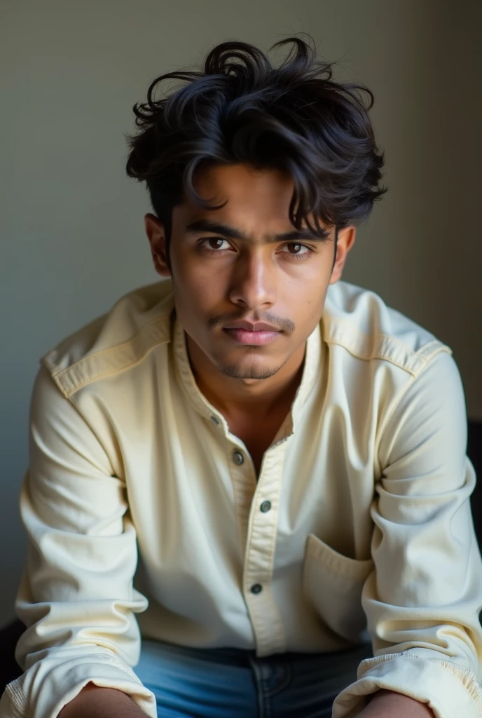 A young Indian male, likely between 18 and 22 years old, with angry face, looking at camera, dressed in casual college attire, possibly a plain white or light-colored kurta paired with worn jeans, sitting or standing in a simple, uncluttered background, with a subtle, warm smile that conveys a sense of approachability, his dark brown eyes cast downward, with a slight squint, as if lost in thought, his hair messy and unkempt, with a few stray strands falling across his forehead, his skin tone a warm, golden brown, with a slight scattering of light acne on his cheekbones, his nose slightly upturned, and his eyebrows thick and expressive, conveying a sense of innocence and freshness.