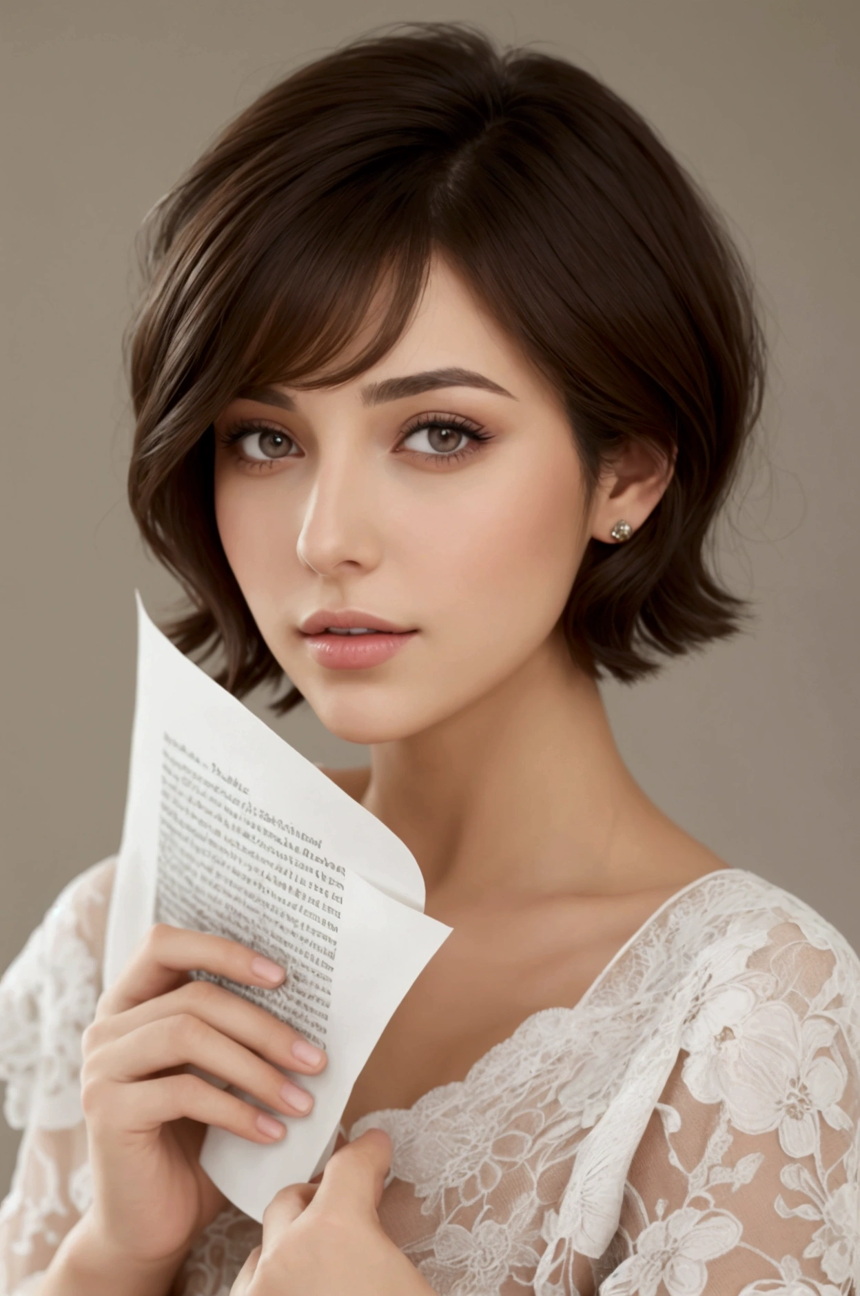 short hair brunette woman, French brown eyes must hold a paper with written Alexandra 45 Voissa