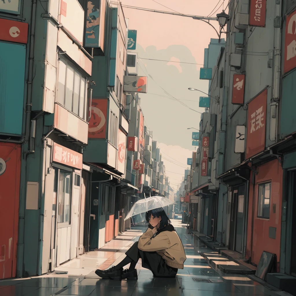 Animated girl sitting on floor looking out window at city, Animated aesthetic, Animated vibes, Something lo-fistyle, Lo-fi portrait. Animated, Noble Girl, Animated art wallpaper 4 k, Animated art wallpaper 4k, Animated art wallpaper 8 k, Animated background art, Lo-fi color, Something lo-fi, Animated asthetic, Bob Hair, City of night, Tokyo, Wet day, Parapluie