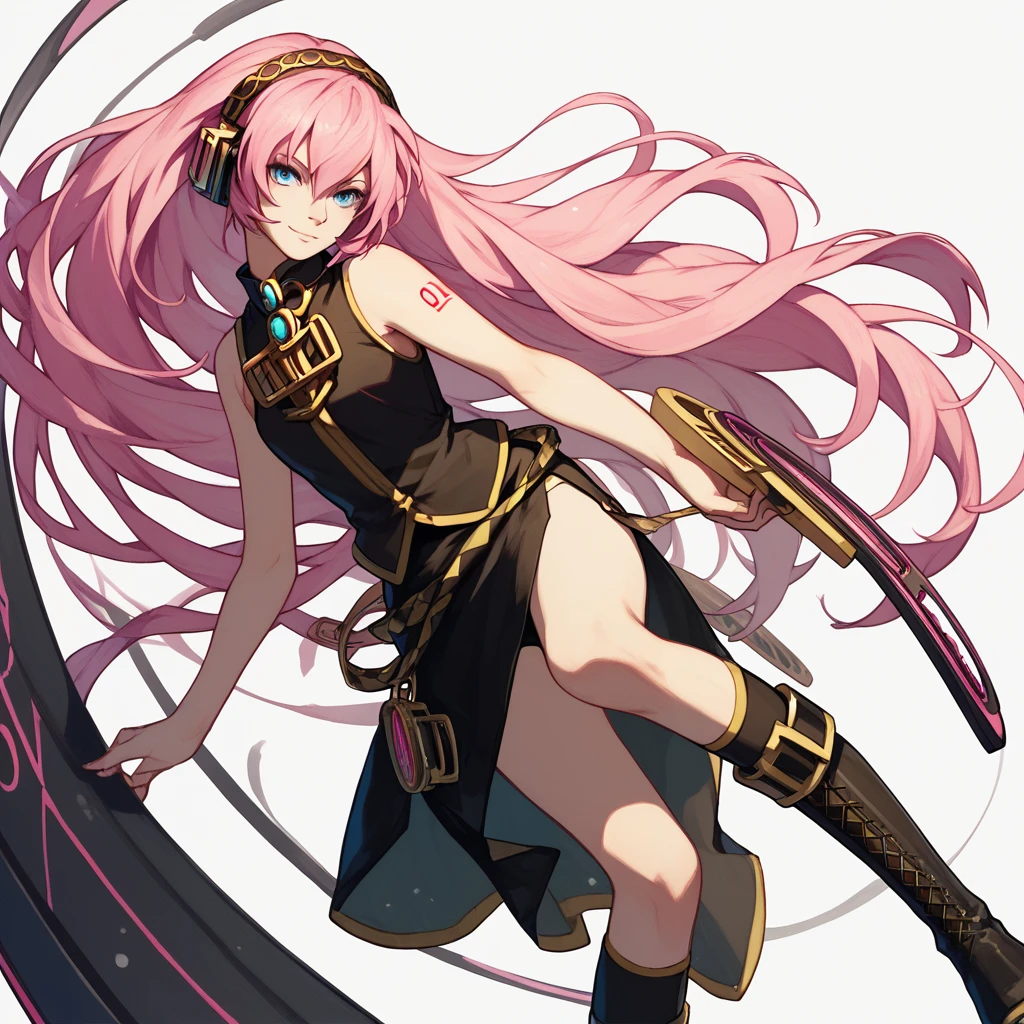 1 girla(cool, vocaloid, Luka Megurine, pink hair, long hair, straight hair, black headphone, sleeveless black short suit, side slit black skirt, black long socks, yellow long boots)