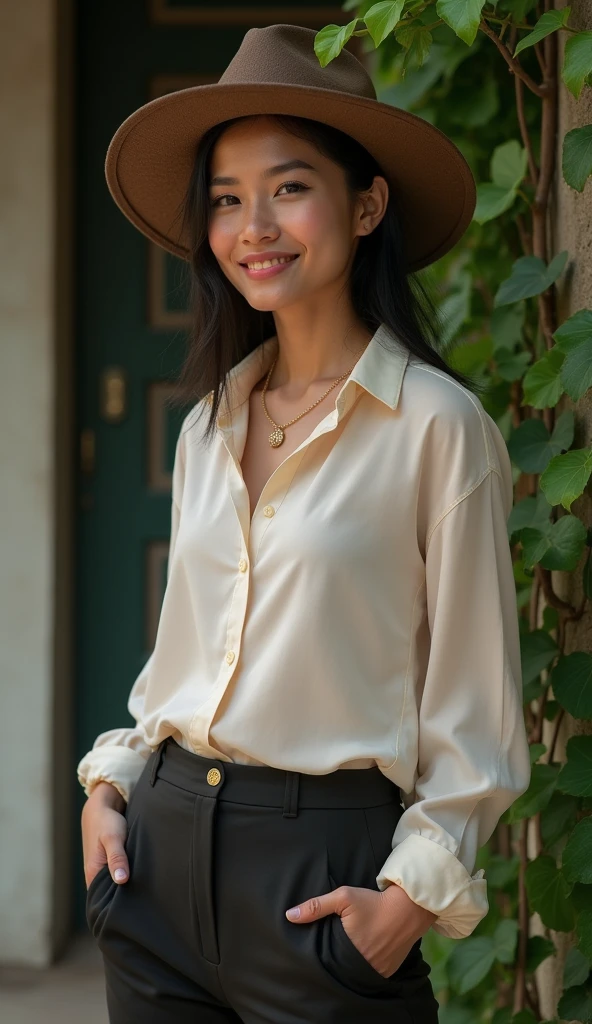 Best quality, masterpiece, super high resolution, A woman of Indonesian descent with a casual chic style, wearing a blouse and trousers, stands in front of a house wall decorated with vines. She poses with one hand on her waist and one hand holding an accessory such as a hat, ready to be immortalized in a photo, super beautiful face, pure body, clear pores visible, (smile:0.8), wearing split (lace bandeau:1.2), (realism:1.5), original photo, soaked body, covered in sweat, bare shoulders, in the dark, deep shadows, low-key, cold light