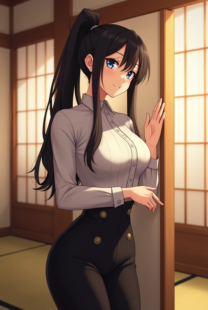 Anime Japanese woman with black hair, ponytail, blue eyes, butler uniform, black pants, Japanese style room, big breasts, big ass, Ryo hands on the wall, Protruding buttocks