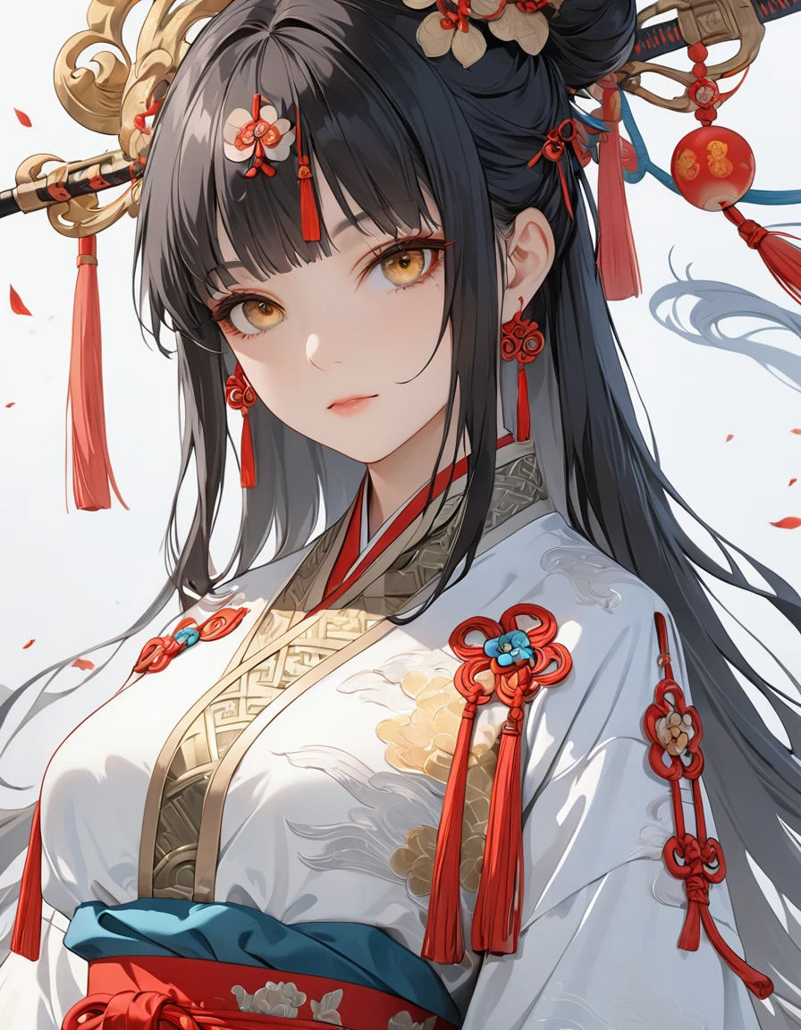 A girl, ancient Chinese costume, whole body, sunshine, clear face, clean white background, masterpiece, super detail, epic composition, ultra HD, high quality, extremely detailed, official art, uniform 8k wallpaper, super detail, 32k